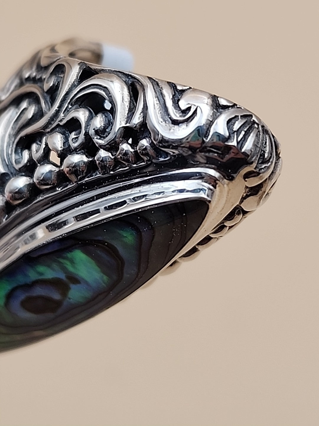 SAMUEL B. Abalone Shell  Sterling Silver Filigree Ring Size 8.25