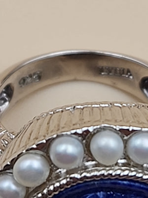 LYDIA Lapis Lazuli/Pearl/Sterling Silver Hand Carved Cameo Ring Size 7