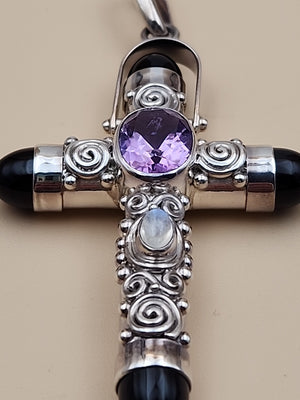 SAJEN Sterling Silver/Amethyst/Moonstone/Black Onyx Swirl Cross Pendant