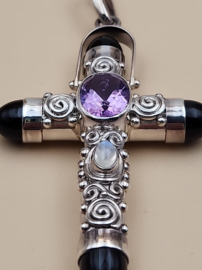 SAJEN Sterling Silver/Amethyst/Moonstone/Black Onyx Swirl Cross Pendant
