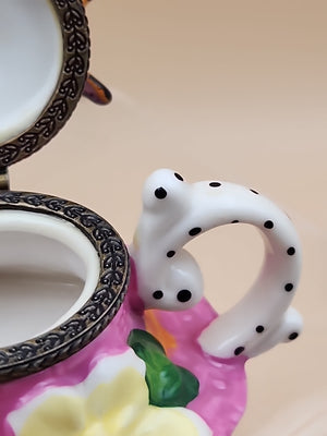Limoges Hand Painted Teapot Sunhat With Butterfly/Flowers Porcelain Trinket Box