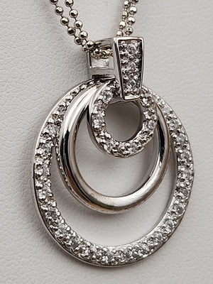 Sterling Silver Dbl. Beaded Chain/ Triple Circle Crystal Pendant & Earrings Set