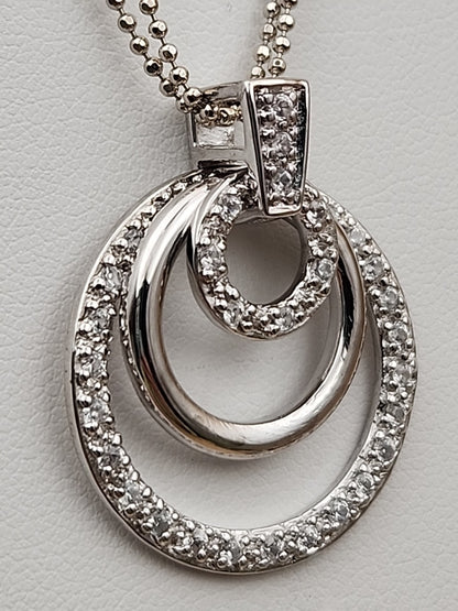Sterling Silver Dbl. Beaded Chain/ Triple Circle Crystal Pendant & Earrings Set