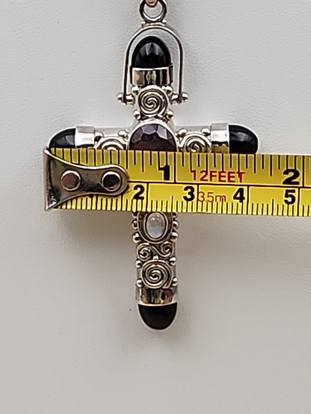 SAJEN Sterling Silver/Amethyst/Moonstone/Black Onyx Swirl Cross Pendant