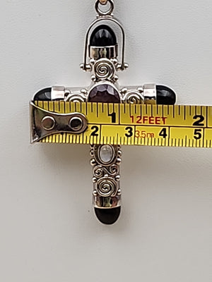 SAJEN Sterling Silver/Amethyst/Moonstone/Black Onyx Swirl Cross Pendant