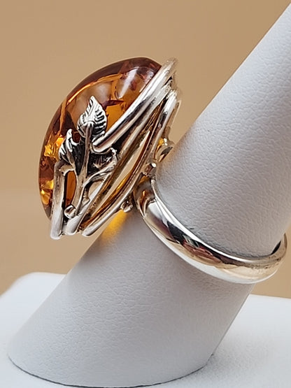 Cognac Baltic Amber/Sterling Silver Leaf Adjustable Ring Size 7.5