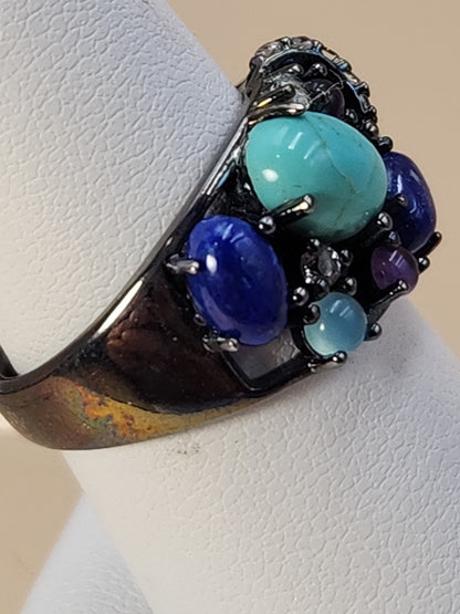 ROSS SIMONS Turquoise/Lapis/Amethyst/Black Rhodium Over Sterling Ring Size 7.25