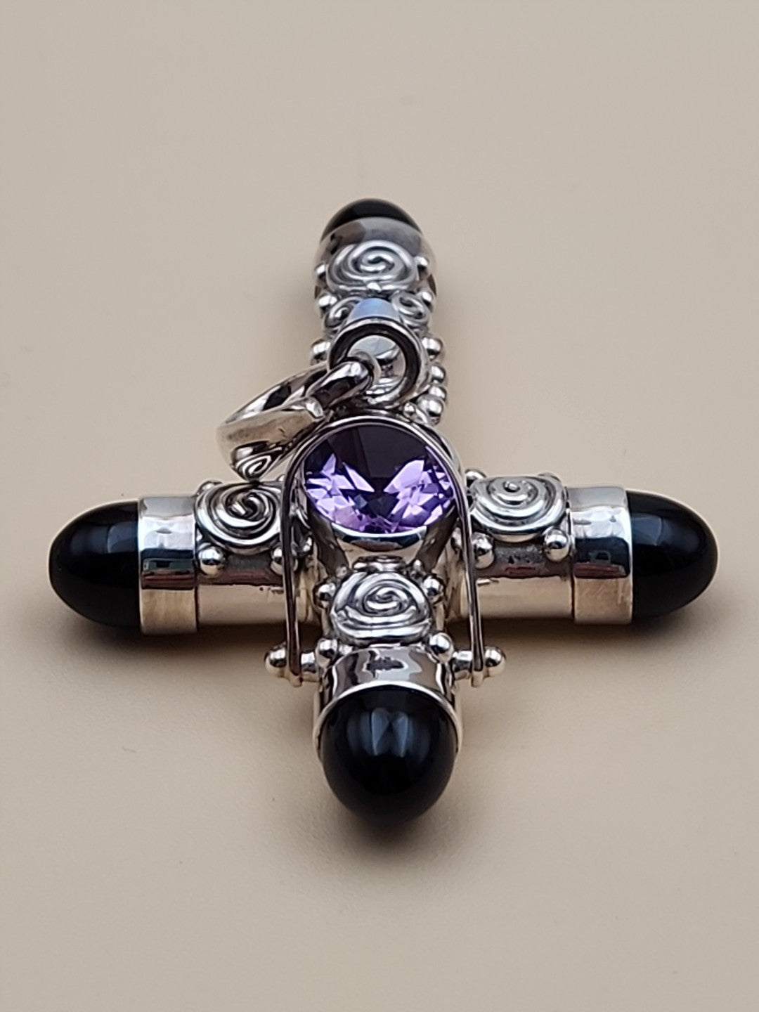 SAJEN Sterling Silver/Amethyst/Moonstone/Black Onyx Swirl Cross Pendant