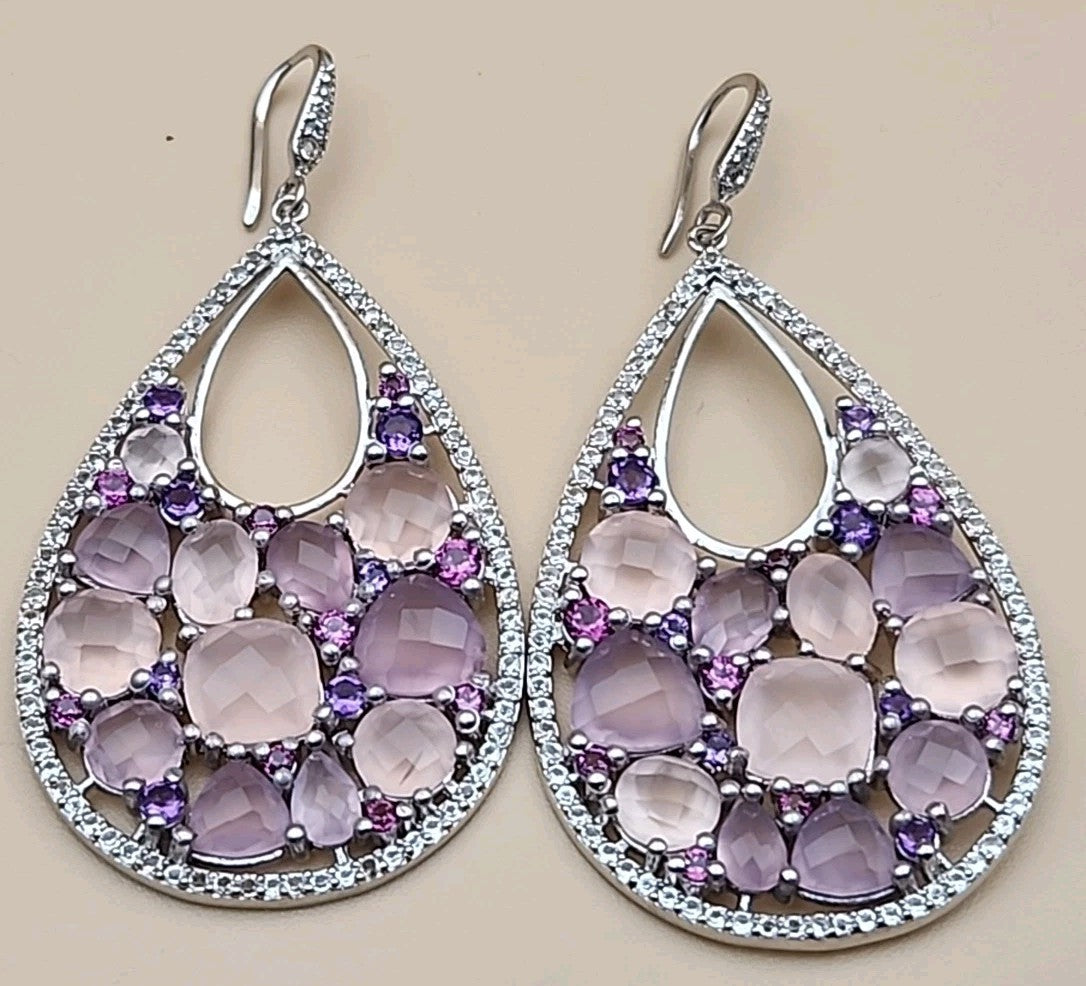 Amethyst/Rose Quartz/White Quartz/Sterling Silver Teardrop Drop/Dangle Earrings