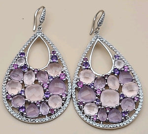 Amethyst/Rose Quartz/White Quartz/Sterling Silver Teardrop Drop/Dangle Earrings