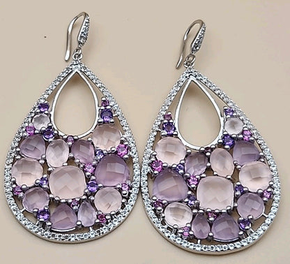 Amethyst/Rose Quartz/White Quartz/Sterling Silver Teardrop Drop/Dangle Earrings