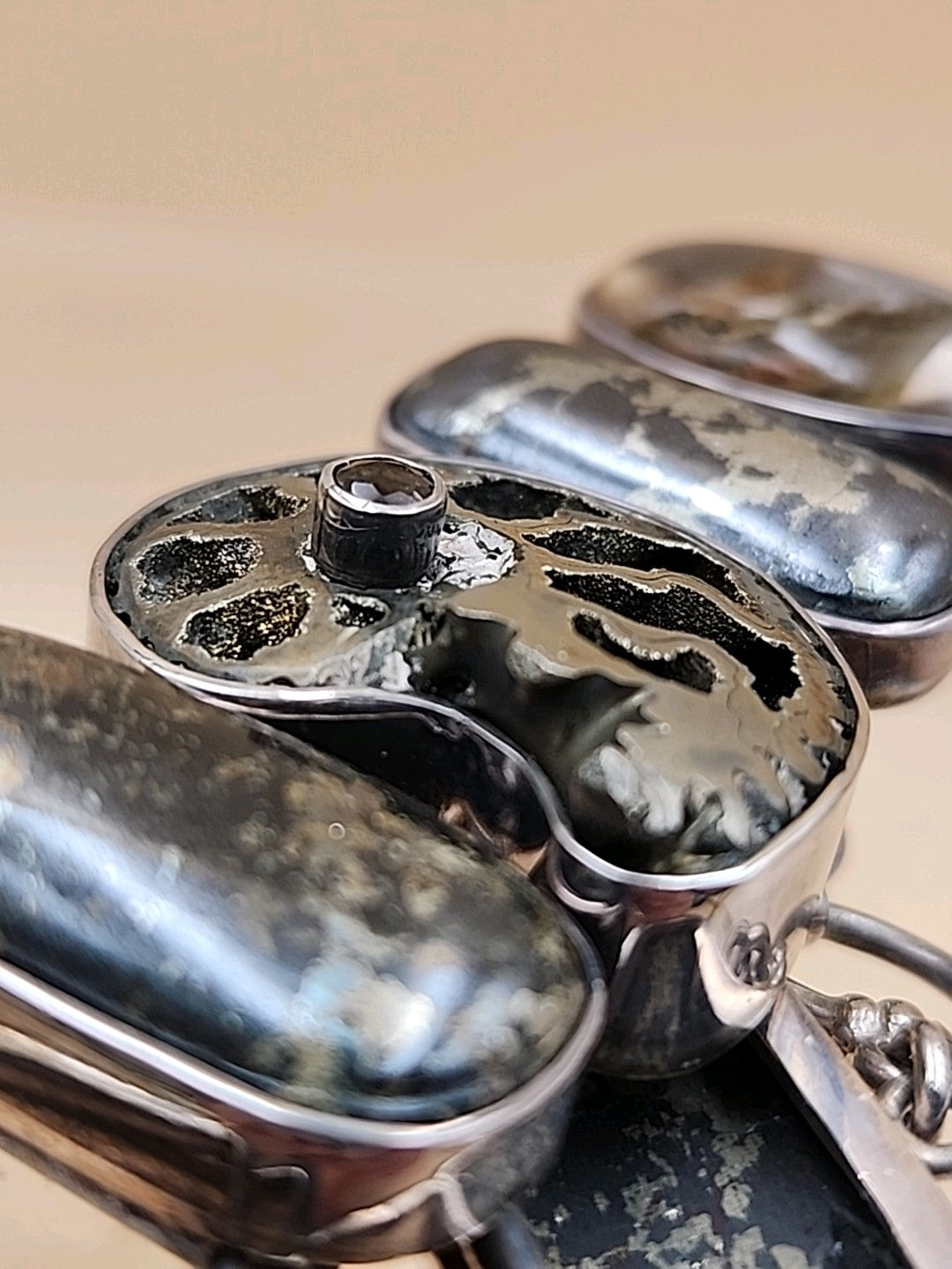 Pyritized Ammonite Shell/Pyrite/Quartz/Smoky Quartz/Sterling Adjustable Bracelet