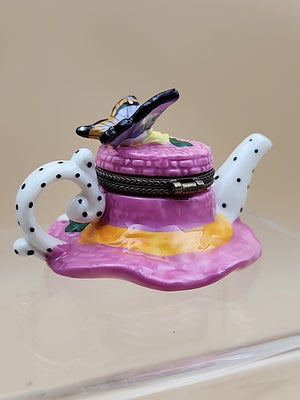 Limoges Hand Painted Teapot Sunhat With Butterfly/Flowers Porcelain Trinket Box