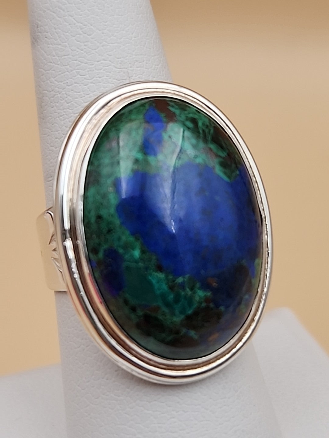 DESERT ROSE TRADING Azurite/Sterling Silver/Stamped Design Band/Ring Size 8