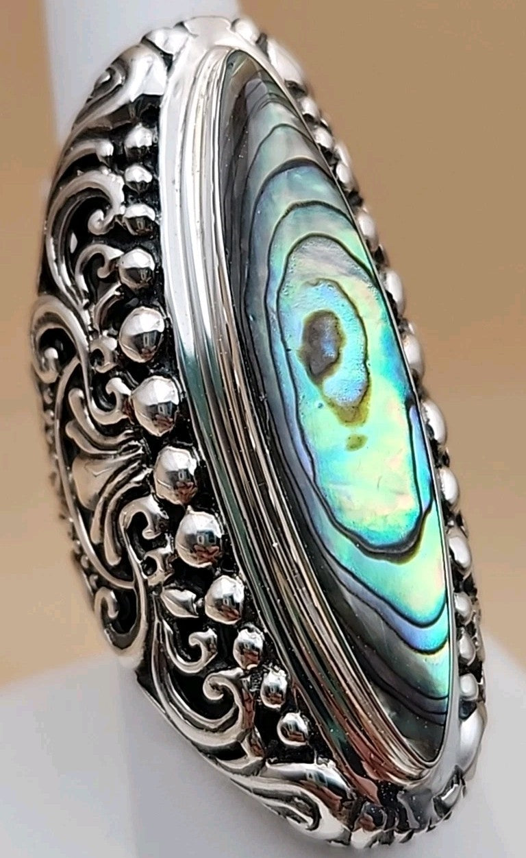 SAMUEL B. Abalone Shell  Sterling Silver Filigree Ring Size 8.25