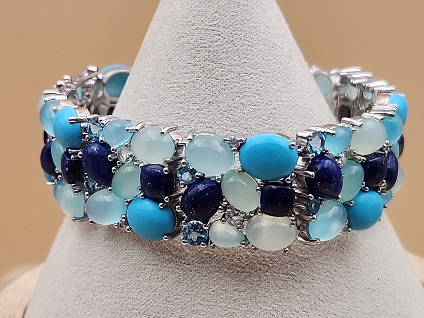 KHR JEWELS Stabilized Turquoise/Lapis/Chalcedony/Blue/White Topaz 7.5"Bracelet