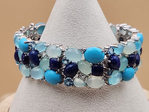 KHR JEWELS Stabilized Turquoise/Lapis/Chalcedony/Blue/White Topaz 7.5"Bracelet