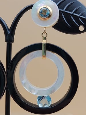 ROSS SIMONS 14k/Mother Of Pearl/Blue Topaz/Open Circle Drop Earrings
