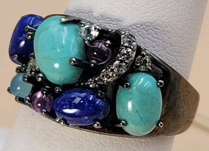 ROSS SIMONS Turquoise/Lapis/Amethyst/Black Rhodium Over Sterling Ring Size 7.25