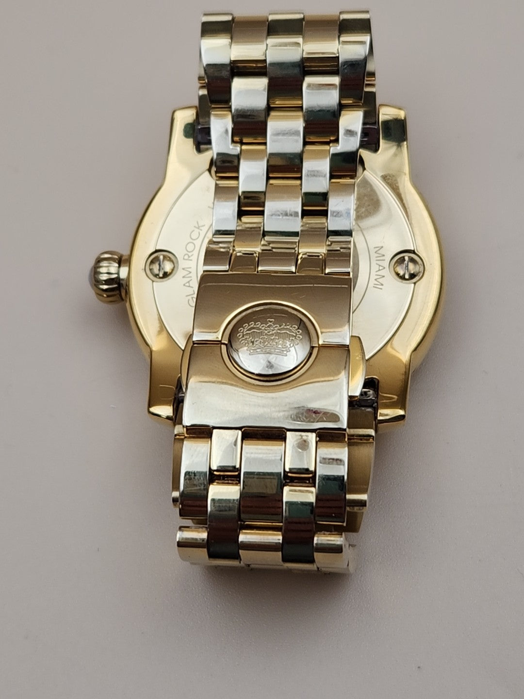 GLAM ROCK Miami Quartz Gold Tone/Crystal Indices/Glowing Hands Watch NEW BATTERY
