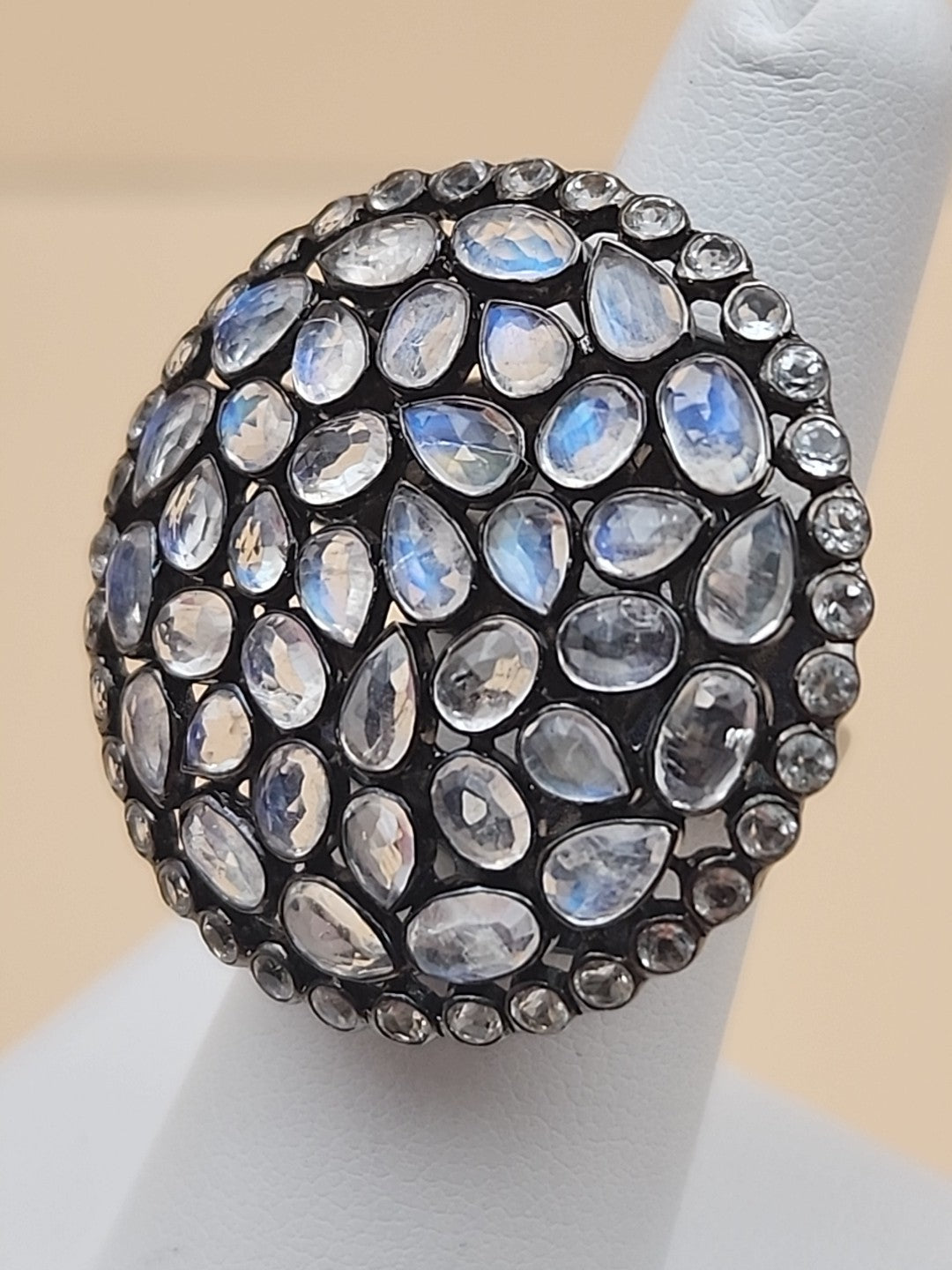 ROSS SIMONS 925 Silver/Moonstone/White Topaz Cluster Ring Sz. 6.25 & Earring Set
