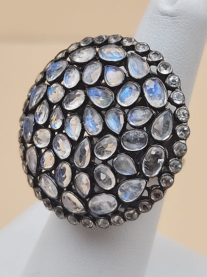 ROSS SIMONS 925 Silver/Moonstone/White Topaz Cluster Ring Sz. 6.25 & Earring Set