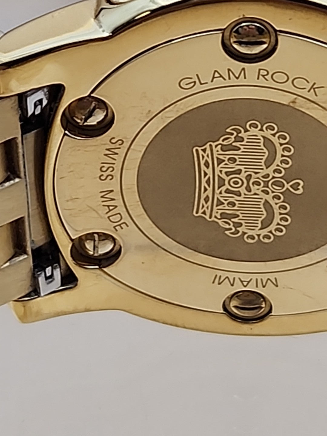 GLAM ROCK Miami Quartz Gold Tone/Crystal Indices/Glowing Hands Watch NEW BATTERY