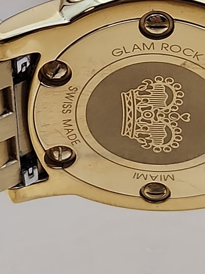 GLAM ROCK Miami Quartz Gold Tone/Crystal Indices/Glowing Hands Watch NEW BATTERY