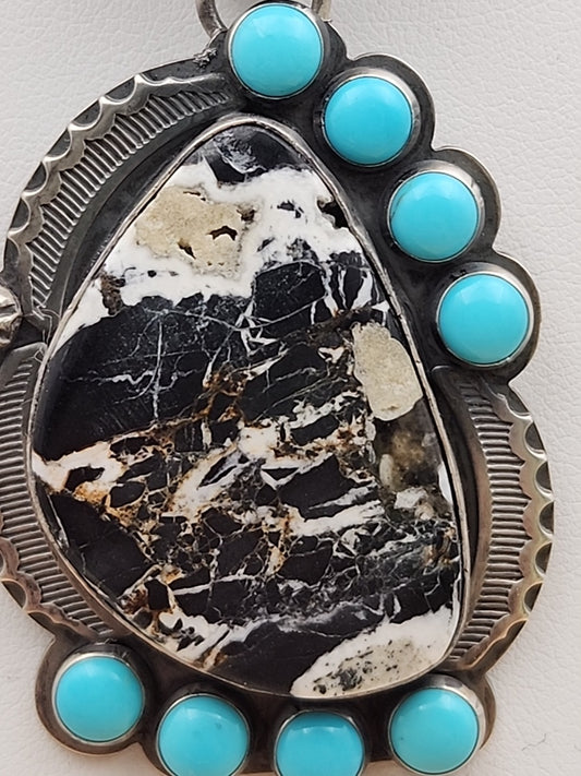GILBERT PLATERO NAVAJO Sleeping Beauty/ White Buffalo Turquoise/Sterling Pendant