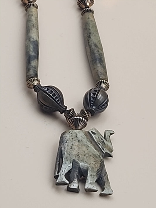 Polished Carved Green Agate Stone/African Elephant  30" Gold Tone Necklace