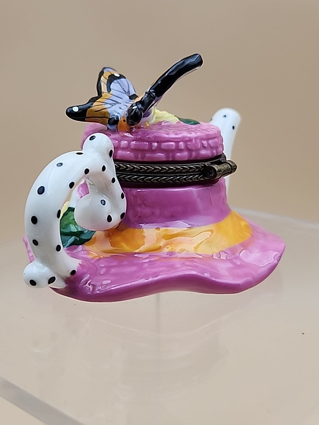 Limoges Hand Painted Teapot Sunhat With Butterfly/Flowers Porcelain Trinket Box