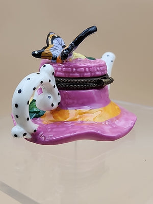 Limoges Hand Painted Teapot Sunhat With Butterfly/Flowers Porcelain Trinket Box