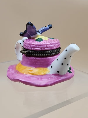 Limoges Hand Painted Teapot Sunhat With Butterfly/Flowers Porcelain Trinket Box