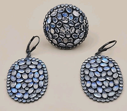 ROSS SIMONS 925 Silver/Moonstone/White Topaz Cluster Ring Sz. 6.25 & Earring Set