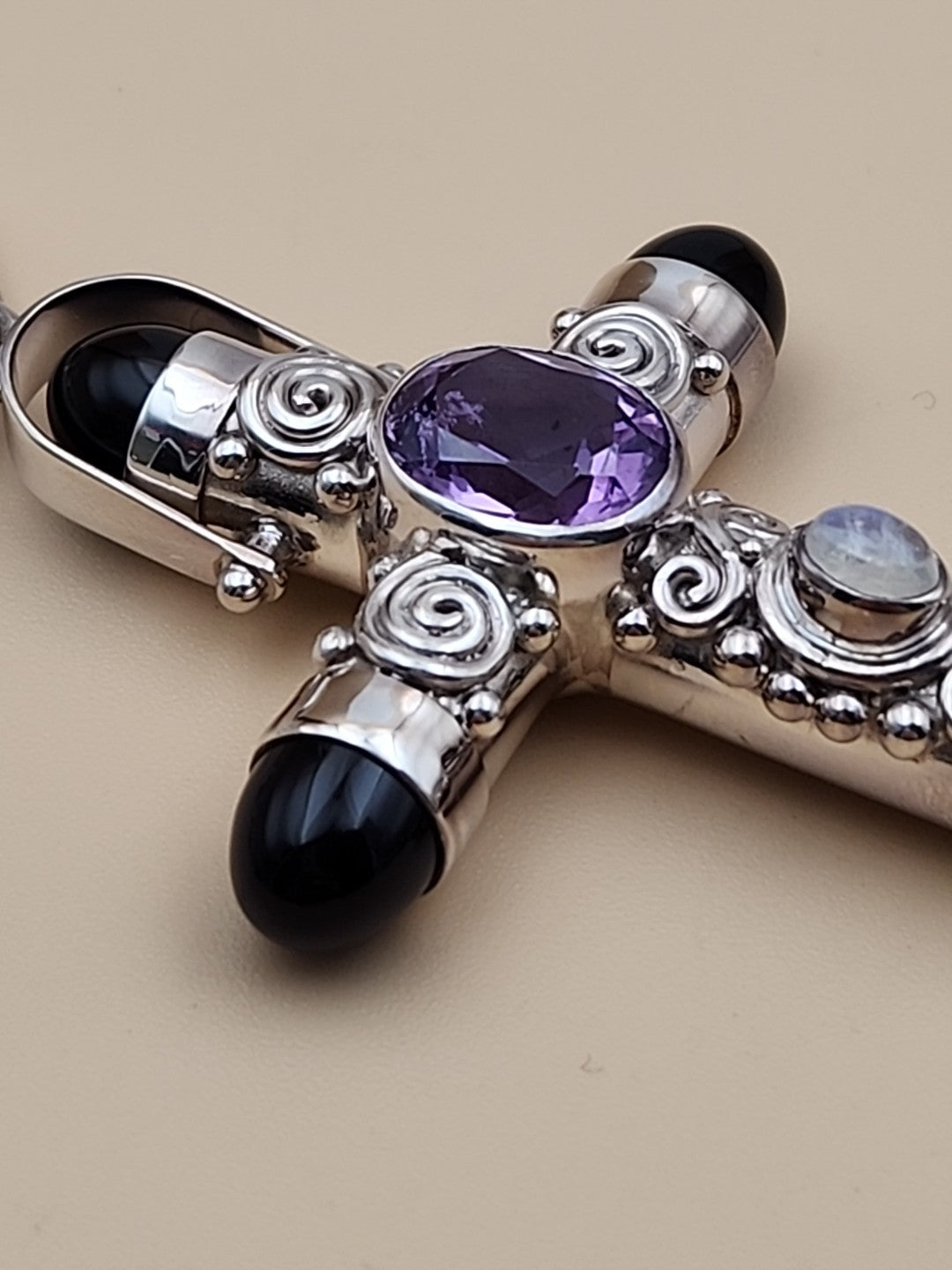 SAJEN Sterling Silver/Amethyst/Moonstone/Black Onyx Swirl Cross Pendant
