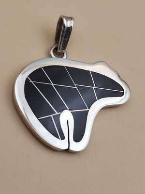 Mexico Southwest Style 950 Fine Silver/ Black Inlaid Onyx Bear Pendant