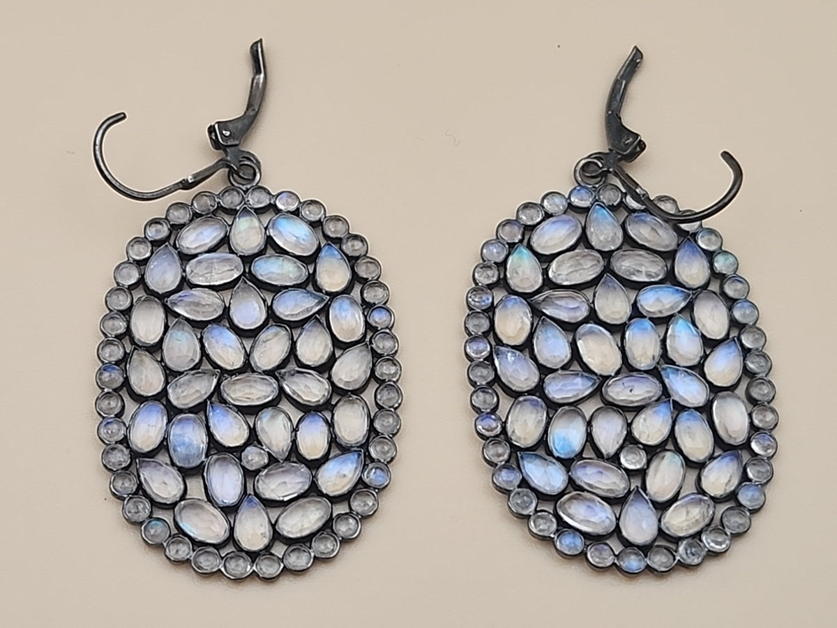 ROSS SIMONS 925 Silver/Moonstone/White Topaz Cluster Ring Sz. 6.25 & Earring Set