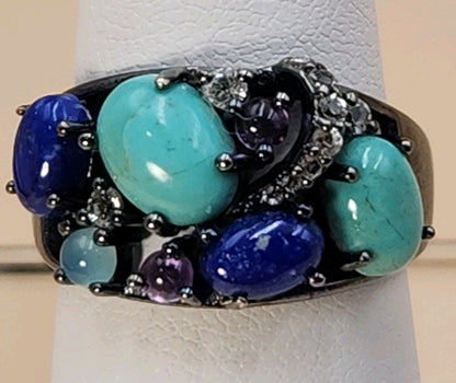 ROSS SIMONS Turquoise/Lapis/Amethyst/Black Rhodium Over Sterling Ring Size 7.25