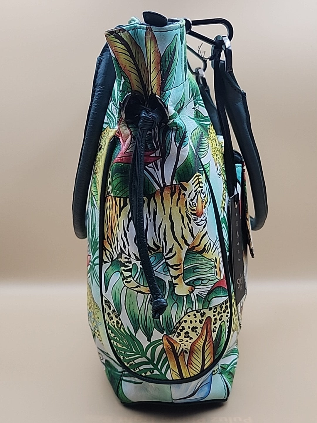 Sharif Hand Painted Jungle Tiger  Leather Hand Bag With  Detachable Crossbody