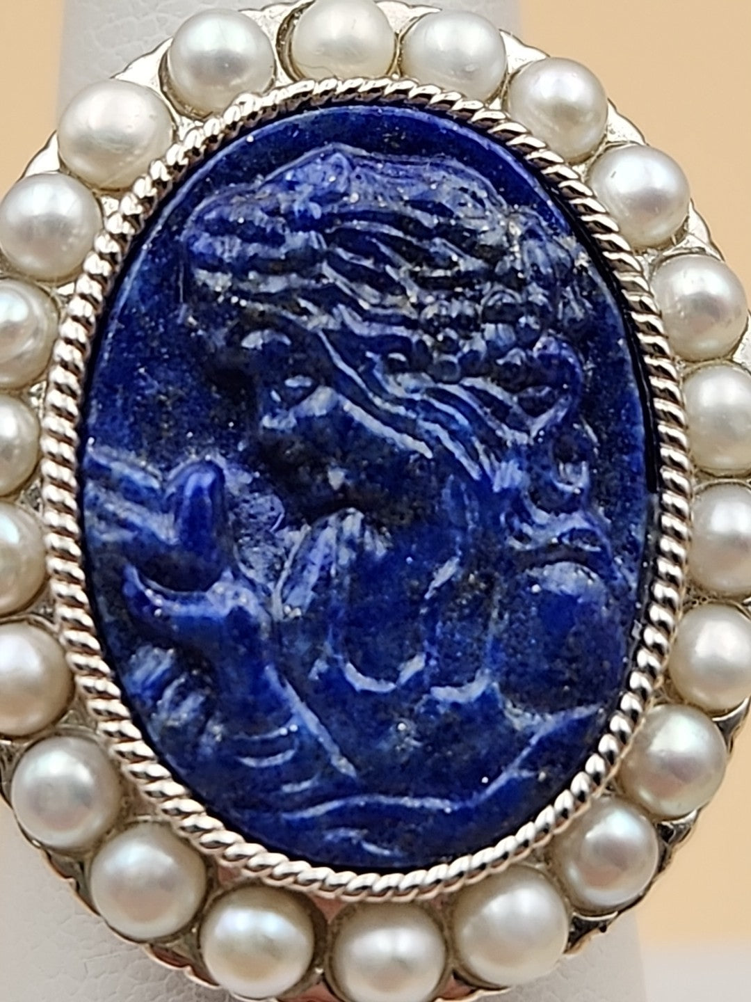 LYDIA Lapis Lazuli/Pearl/Sterling Silver Hand Carved Cameo Ring Size 7