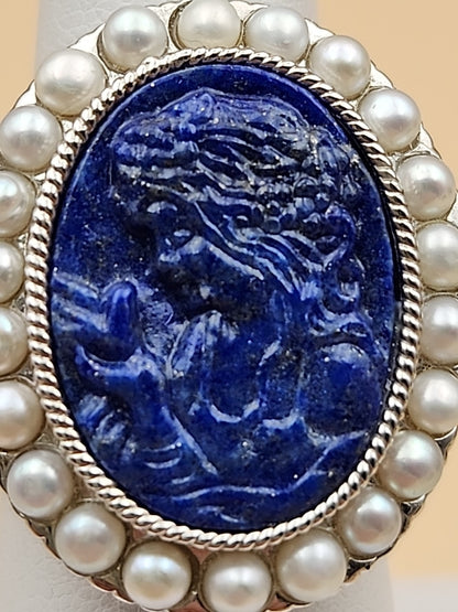 LYDIA Lapis Lazuli/Pearl/Sterling Silver Hand Carved Cameo Ring Size 7