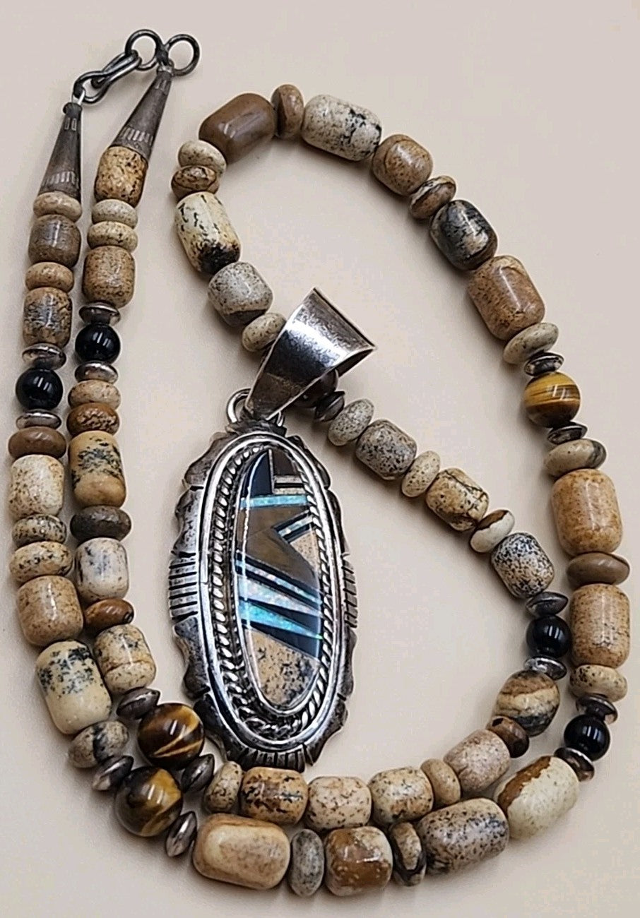MELVIN FRANCIS Navajo 925 /Onyx/Jasper/Tiger Eye Inlay Pendant & Necklace
