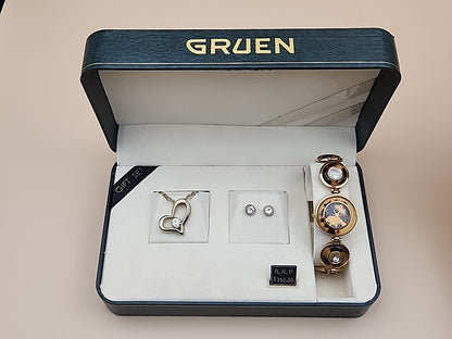 GRUEN  Vintage Tortoise Shell Design/Gold Tone/Crystal Watch/Necklace/EarringSet