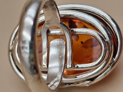 Cognac Baltic Amber/Sterling Silver Leaf Adjustable Ring Size 7.5