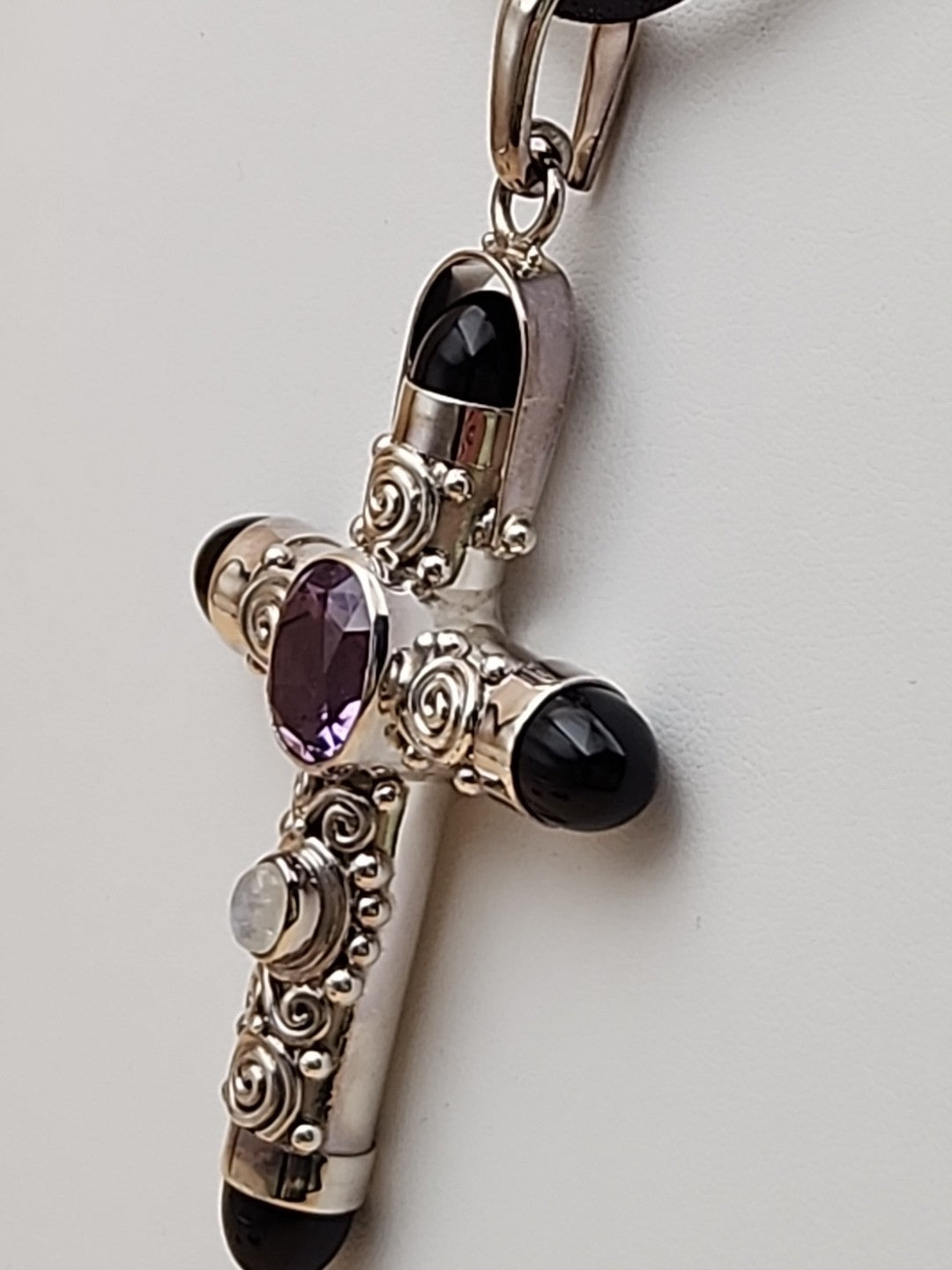SAJEN Sterling Silver/Amethyst/Moonstone/Black Onyx Swirl Cross Pendant