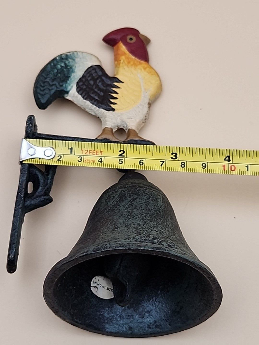Vintage Cast Iron Painted Rooster Dinner Bell 6.5” Tall Door Bell