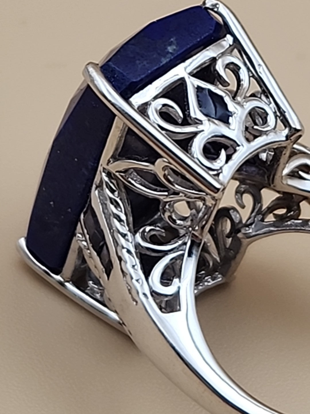 Faceted Lapis Lazuli/Sterling Silver Filagree Ring Size 7