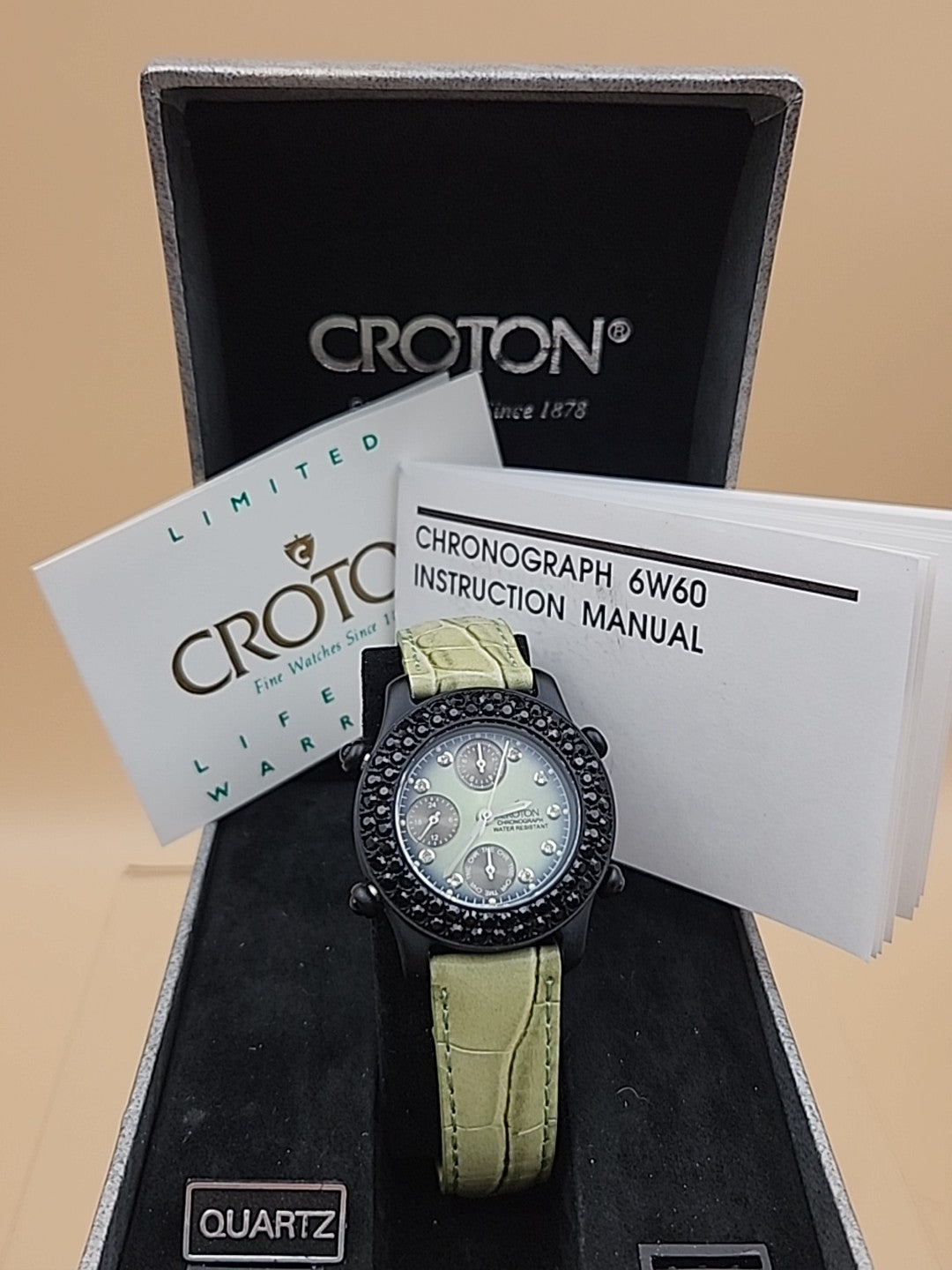 CROTON Green Leather Band/Chronograph/Water Resistant Gemmed Womens Watch