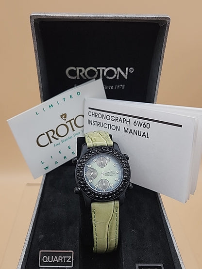 CROTON Green Leather Band/Chronograph/Water Resistant Gemmed Womens Watch