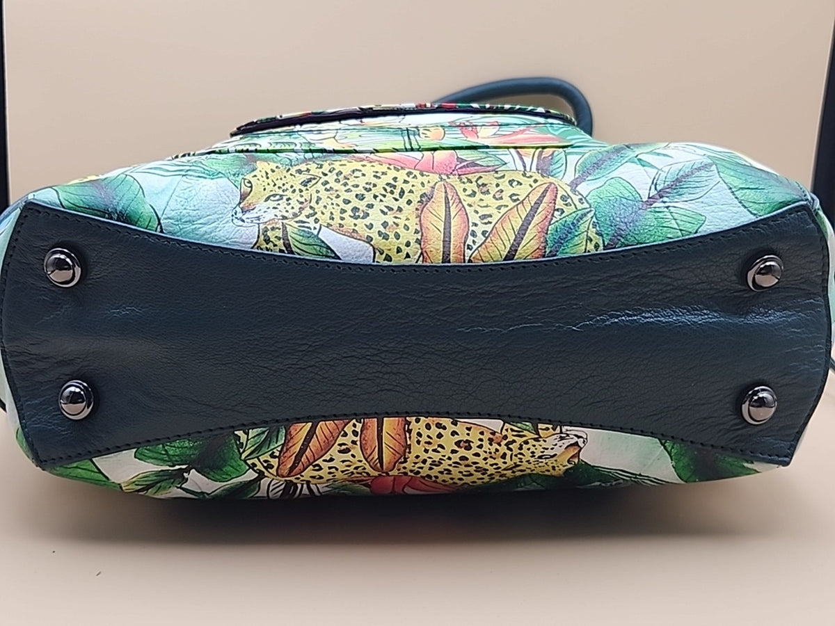Sharif Hand Painted Jungle Tiger  Leather Hand Bag With  Detachable Crossbody